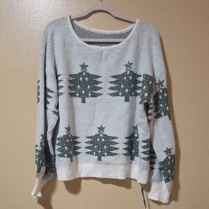 Women's Festive Christmas Tree Sweater - Green and White XL